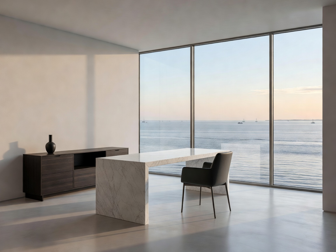 Elegant minimalist style physical offices of stacksviewtica in Lisbon featuring panoramic views of the coastal harbor in Portugal