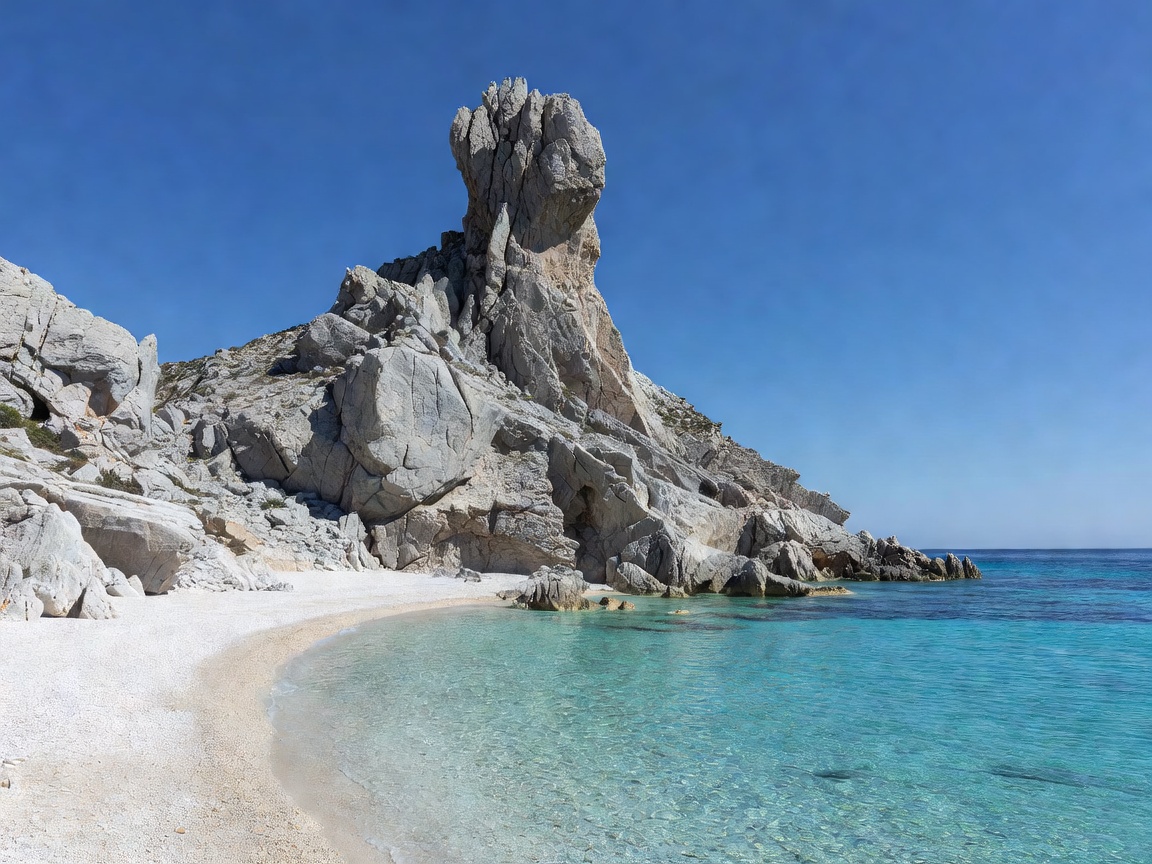 Limestone spire needle cliff soaring above the crystal blue beach of Cala Goloritzé Sardinia Italy