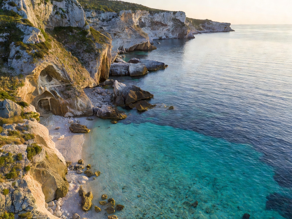 Aerial drone view of pristine European turquoise waters and coastal cliffs at sunrise in Algarve Portugal