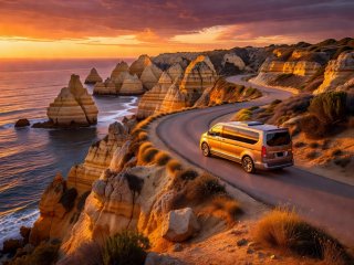 Luxury camper van driving along Algarve golden clifftops at sunset in Portugal