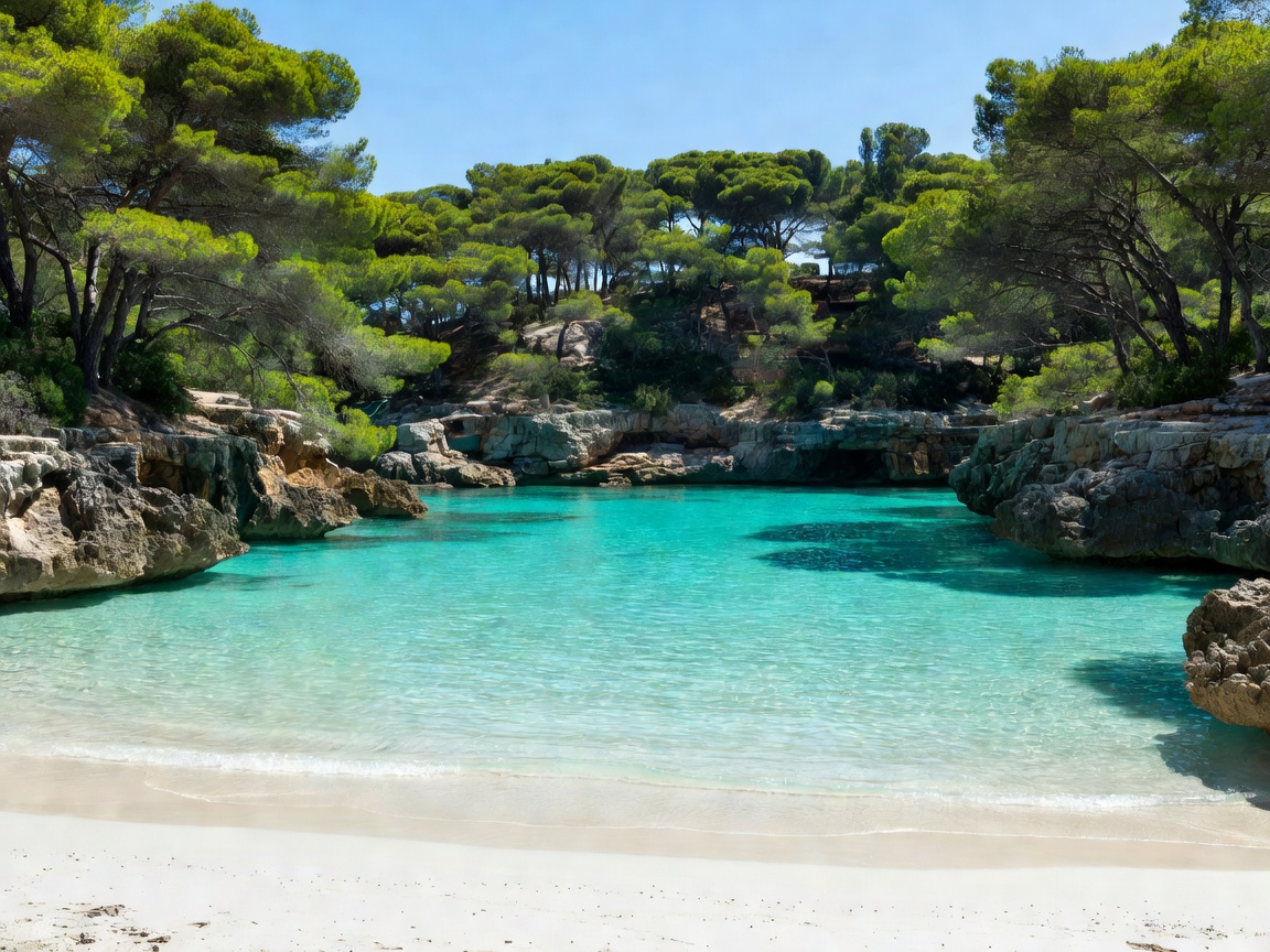Turquoise lagoon cove sheltered by green pine trees at Cala Macarelleta Menorca Spain