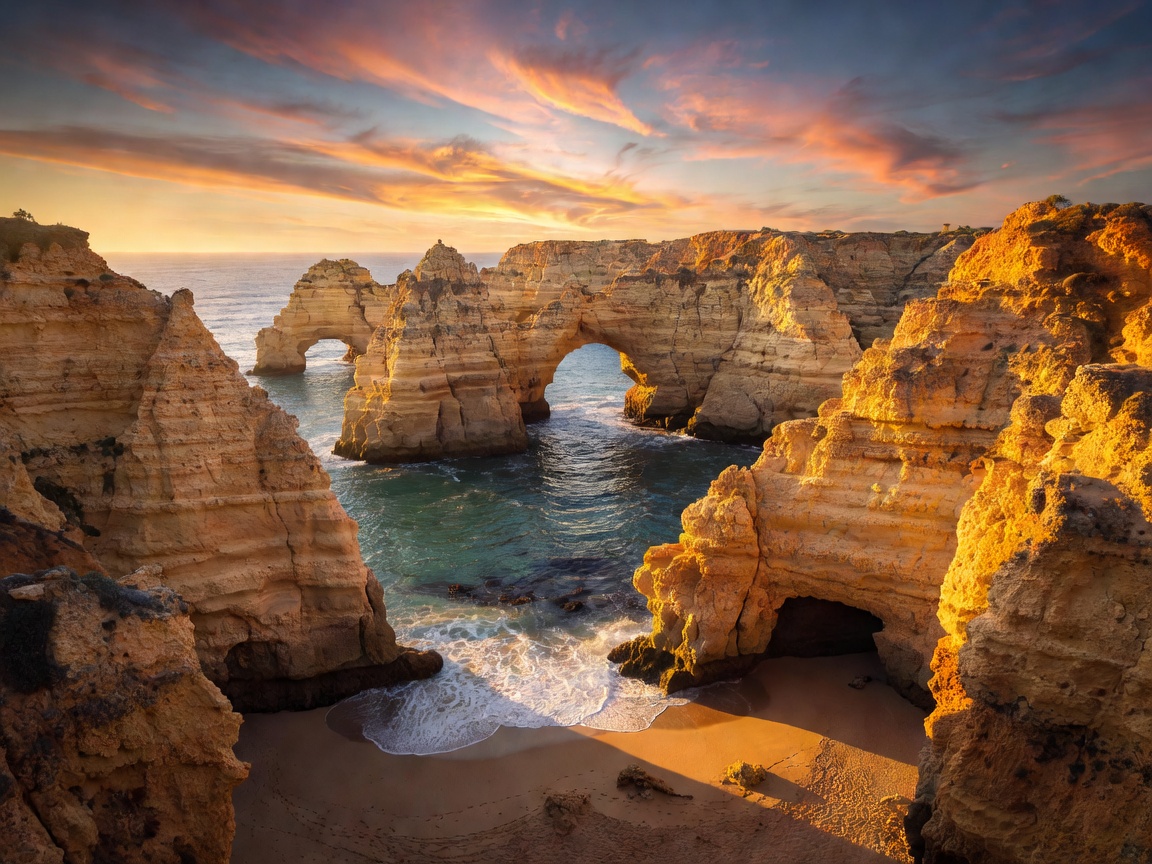 Pristine golden limestone cliffs and natural double arch of Praia da Marinha in Algarve Portugal