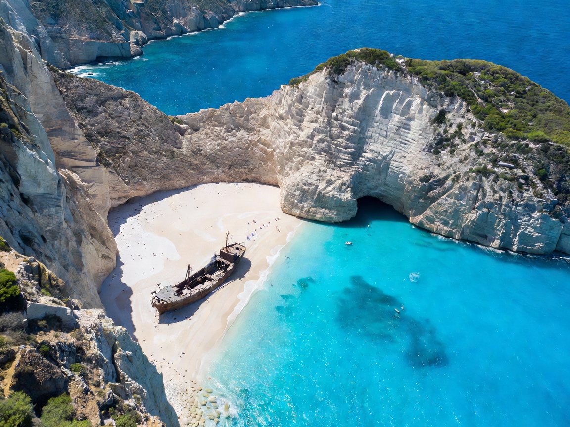 Aerial drone view of Navagio Cove beach shipwreck and towering white cliffs in Zakynthos Greece