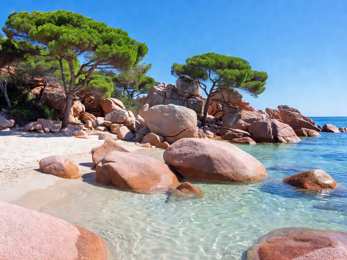 Vibrant pink granite rocks and clear water under umbrella pines at Palombaggia beach Corsica France
