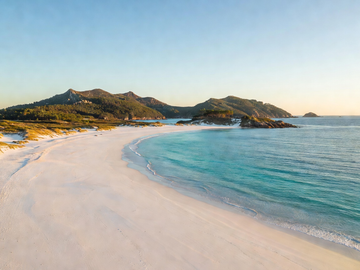 Stunning crescent shaped white sand beach of Playa de Rodas in Galicia Cíes Islands Spain