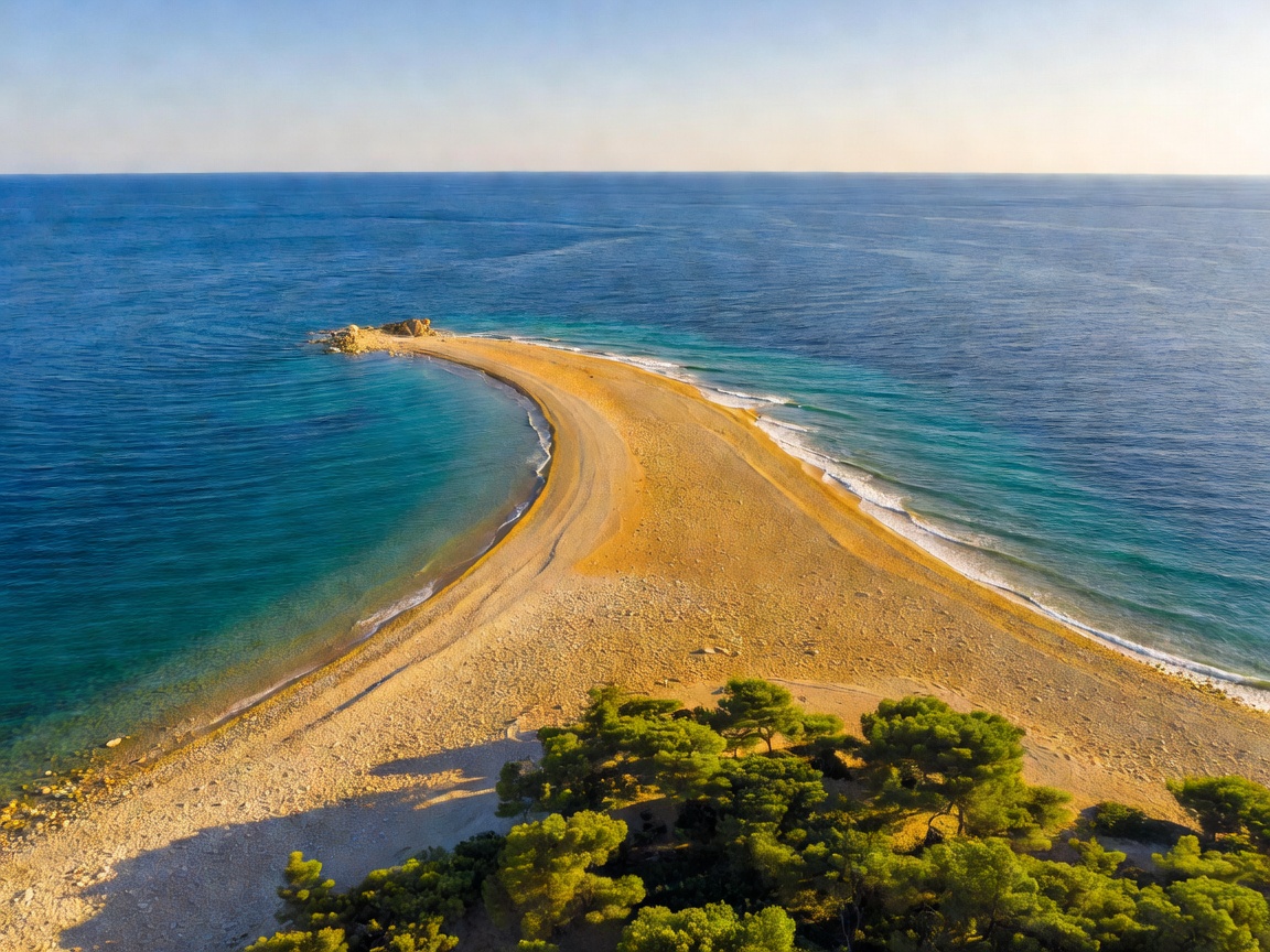Spectacular aerial shot of the shifting golden pebble spit of Zlatni Rat Croatia